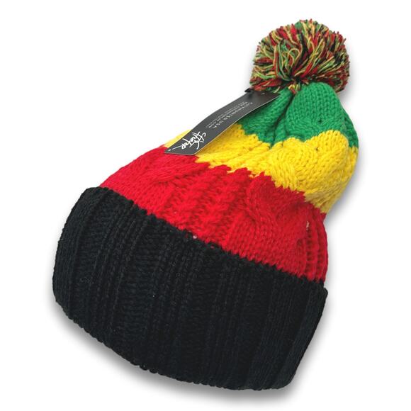 Stripe Pattern POM Beanie Thick Warm Soft Knit Long Cuffed Ski Cap Snowboard Hat - Picture 1 of 6